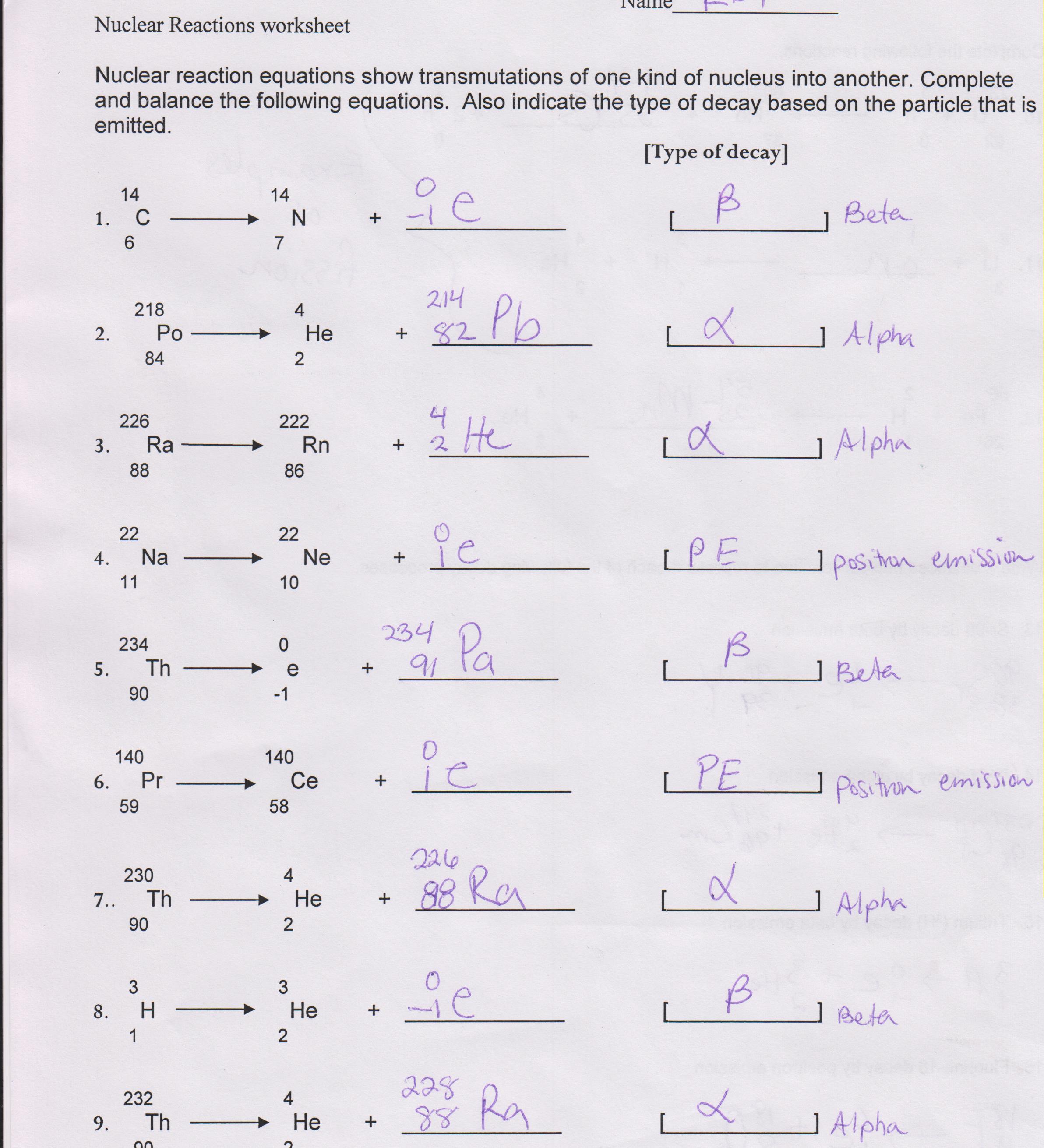 Finishing up Nuclear Equations Pertaining To Nuclear Decay Worksheet Answer Key